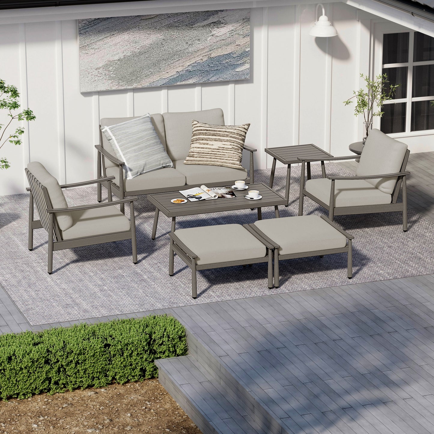 Set da conversazione in alluminio da 7 pezzi per patio, divano a due posti con pouf e tavolino da caffè