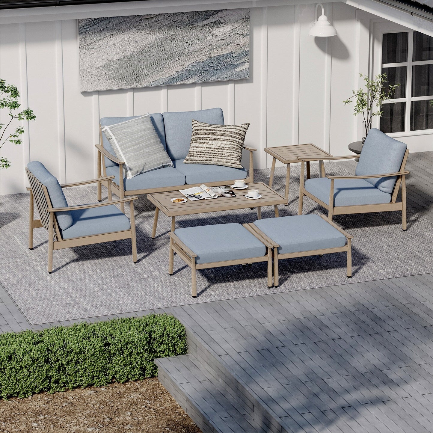 Set da conversazione in alluminio da 7 pezzi per patio, divano a due posti con pouf e tavolino da caffè