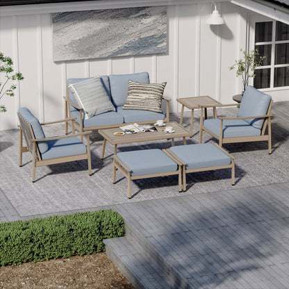 Set da conversazione in alluminio da 7 pezzi per patio, divano a due posti con pouf e tavolino da caffè