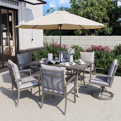 Set da pranzo per patio in alluminio da 7 pezzi con 2 sedie da pranzo girevoli e 4 sedie da pranzo e cuscini lavabili