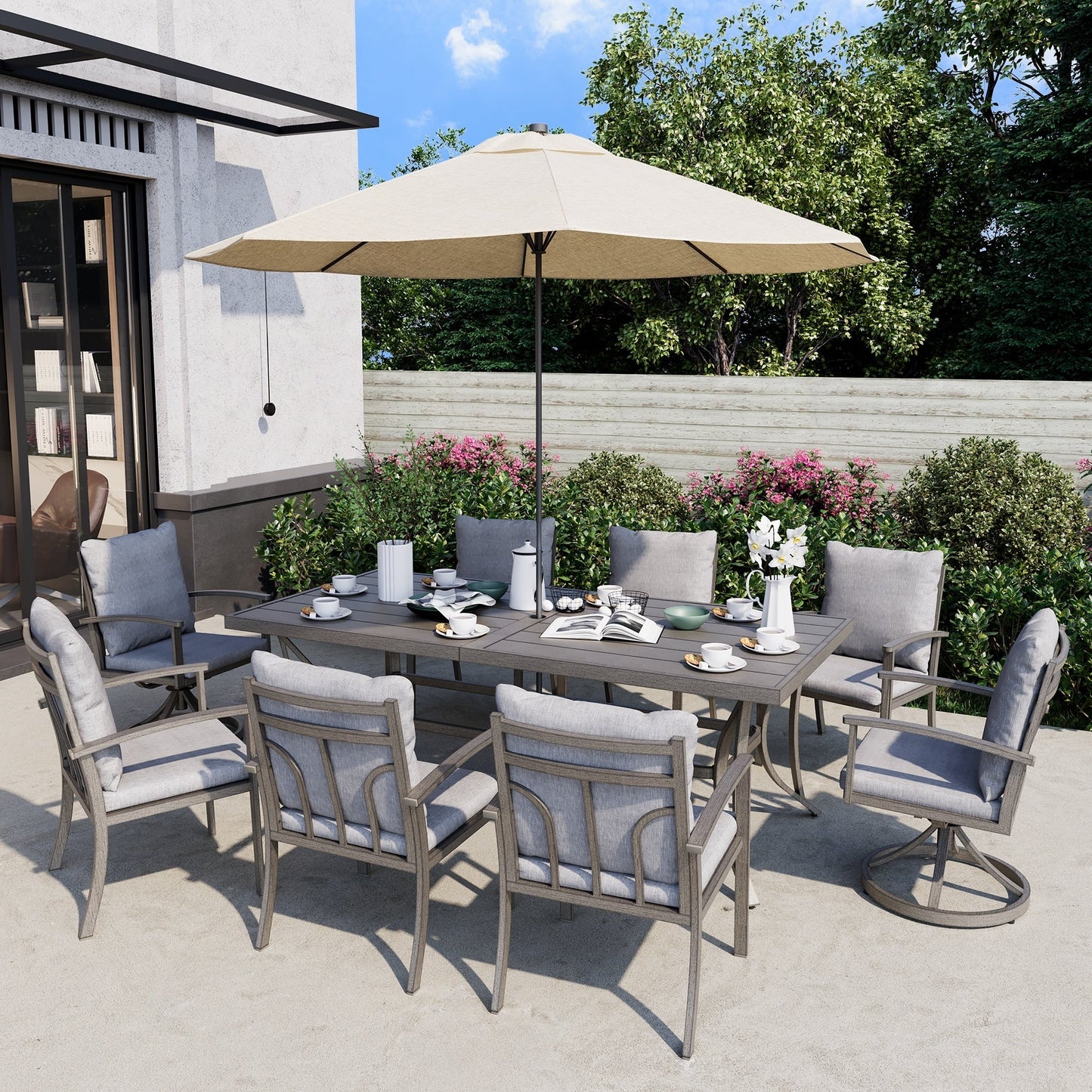 Set da pranzo per patio in alluminio da 9 pezzi con 2 sedie da pranzo girevoli e 6 sedie da pranzo e cuscini lavabili