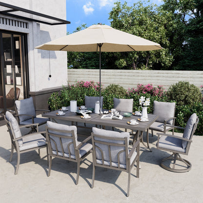 Set da pranzo per patio in alluminio da 9 pezzi con 2 sedie da pranzo girevoli e 6 sedie da pranzo e cuscini lavabili