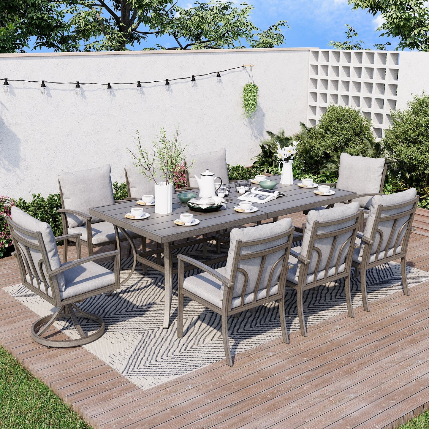 Set da pranzo per patio in alluminio da 9 pezzi con 2 sedie da pranzo girevoli e 6 sedie da pranzo e cuscini lavabili