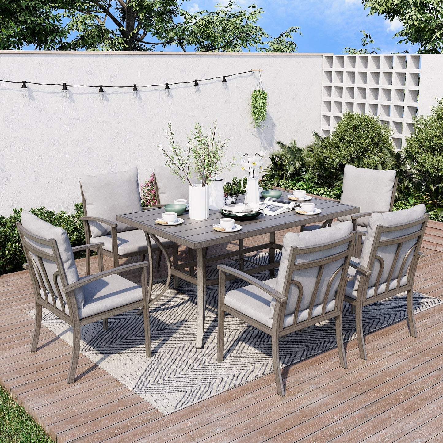 Set da pranzo da giardino in alluminio da 7 pezzi con tavolo e cuscini lavabili grigio chiaro