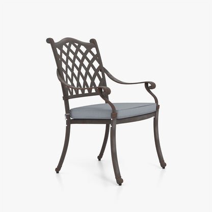 Set da pranzo da esterno in alluminio pressofuso color bronzo antico da 7 pezzi con cuscini e foro per ombrellone