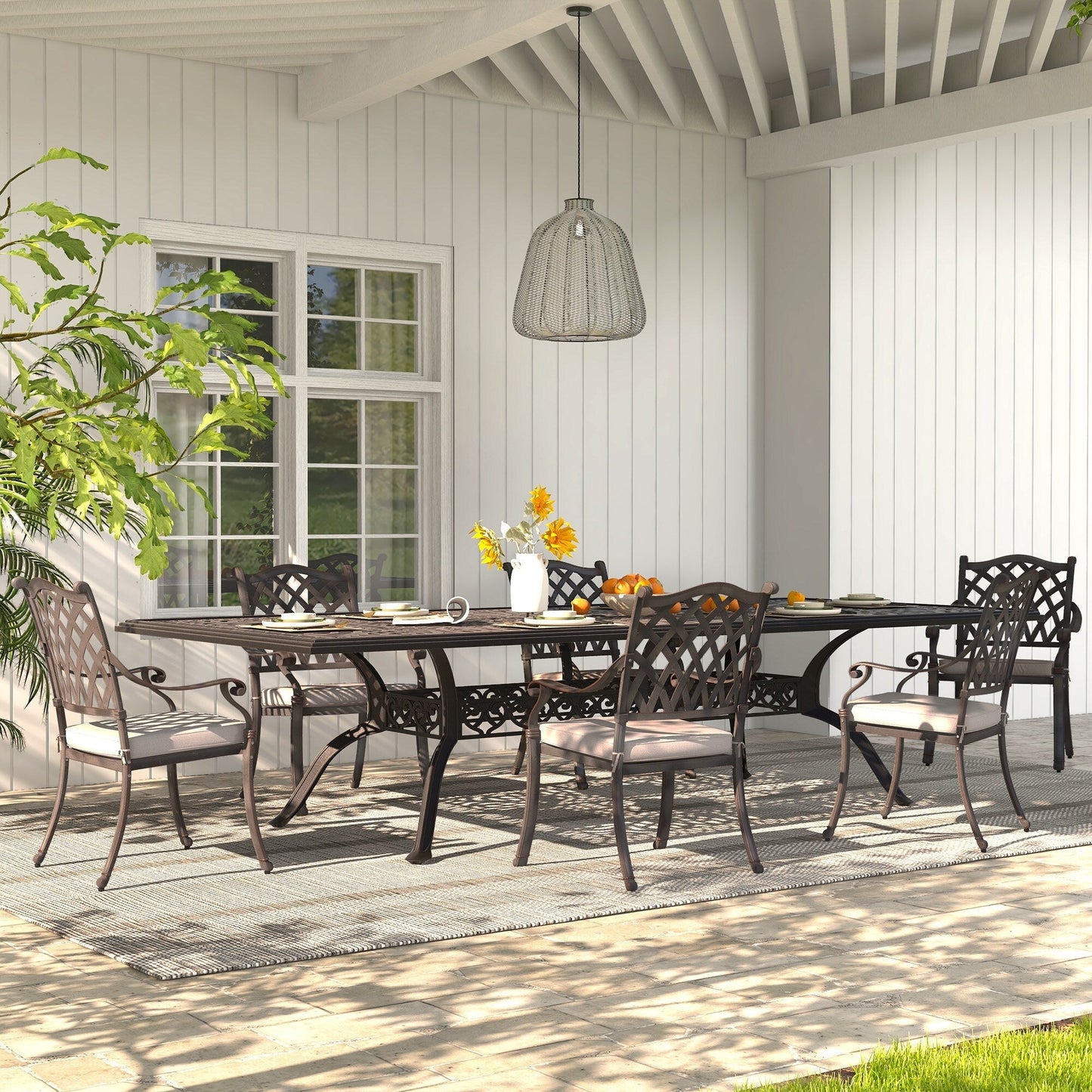 Set da pranzo da esterno in alluminio pressofuso color bronzo antico da 7 pezzi con cuscini e foro per ombrellone