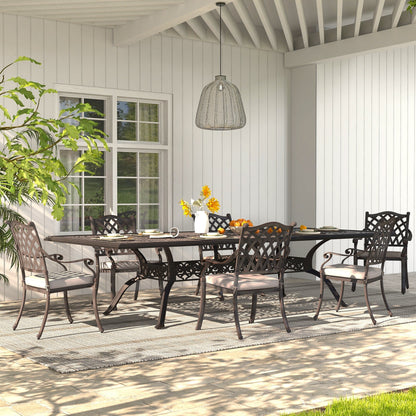 Set da pranzo da esterno in alluminio pressofuso color bronzo antico da 7 pezzi con cuscini e foro per ombrellone