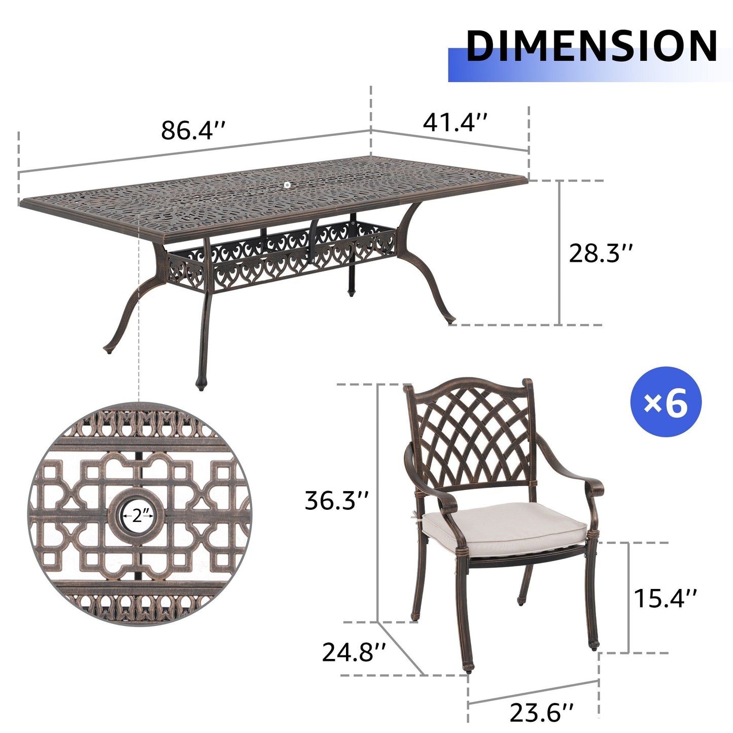 Set da pranzo da esterno in alluminio pressofuso color bronzo antico da 7 pezzi con cuscini e foro per ombrellone