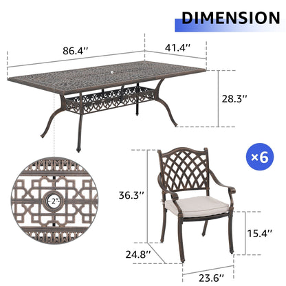 Set da pranzo da esterno in alluminio pressofuso color bronzo antico da 7 pezzi con cuscini e foro per ombrellone