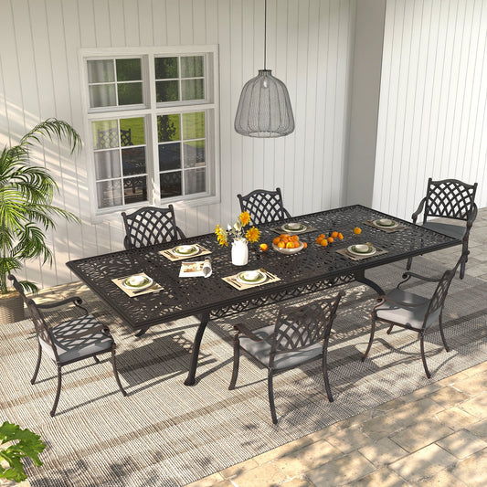 Set da pranzo da esterno in alluminio pressofuso color bronzo antico da 7 pezzi con cuscini e foro per ombrellone