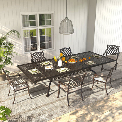 Set da pranzo da esterno in alluminio pressofuso color bronzo antico da 7 pezzi con cuscini e foro per ombrellone