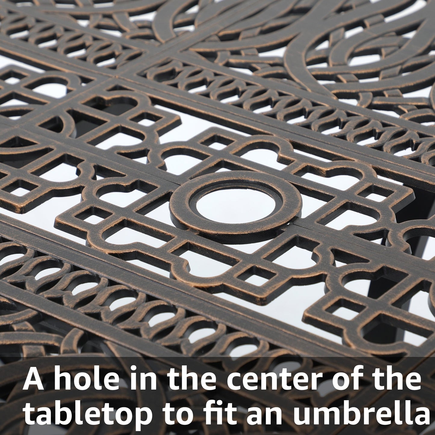 Set da pranzo da esterno in alluminio pressofuso color bronzo antico da 7 pezzi con cuscini e foro per ombrellone