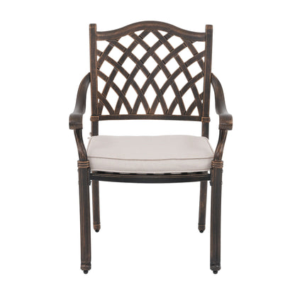 Set da pranzo da esterno in alluminio pressofuso color bronzo antico da 7 pezzi con cuscini e foro per ombrellone