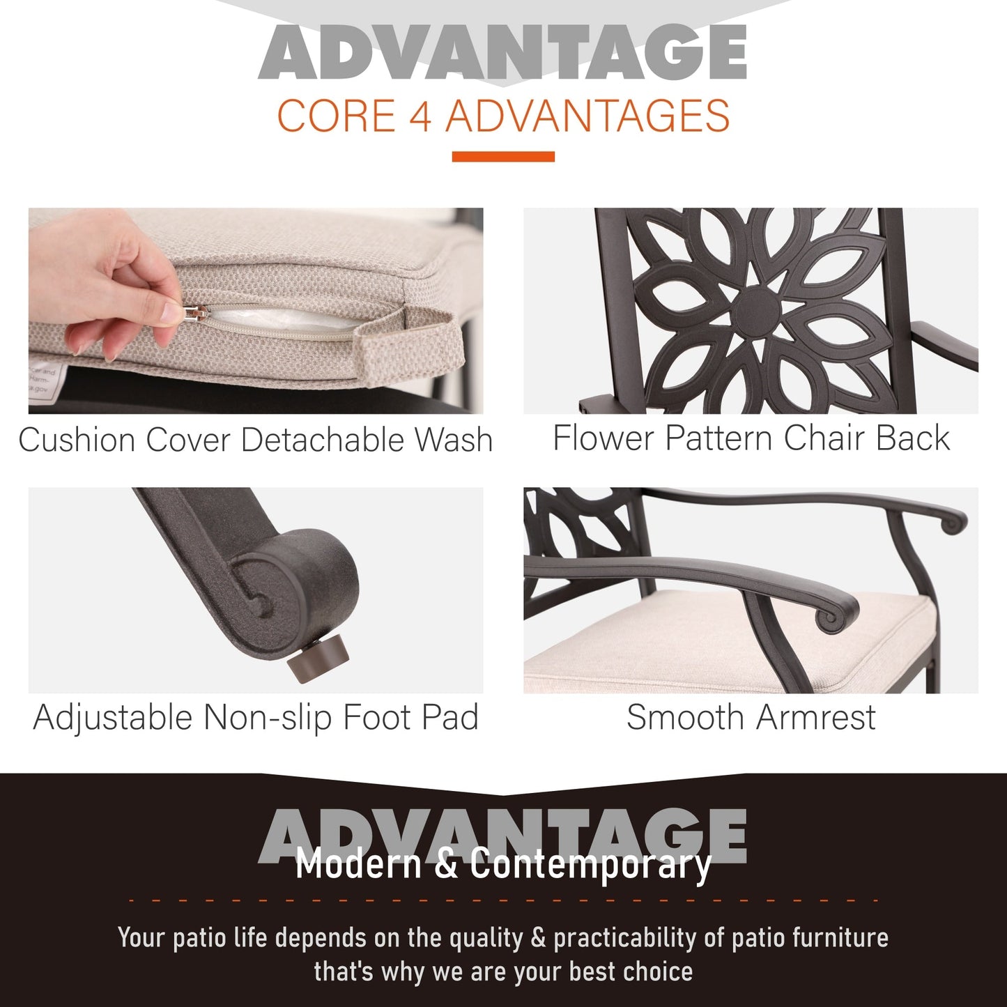 MAISON ARTS Set da pranzo da giardino in alluminio pressofuso da 7 pezzi con tavolo rettangolare espandibile e 6 sedie in alluminio pressofuso