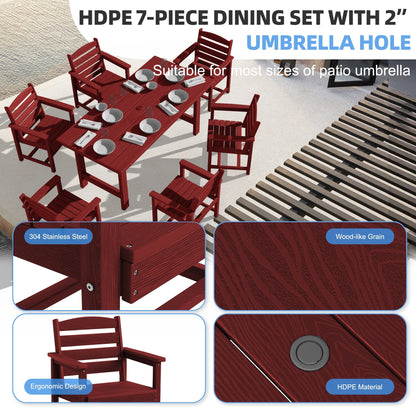 Set da pranzo per esterni in HDPE da 7 pezzi con foro per ombrellone - 1 tavolo e 6 sedie