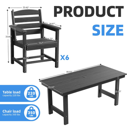 Set da pranzo per esterni in HDPE da 7 pezzi con foro per ombrellone - 1 tavolo e 6 sedie