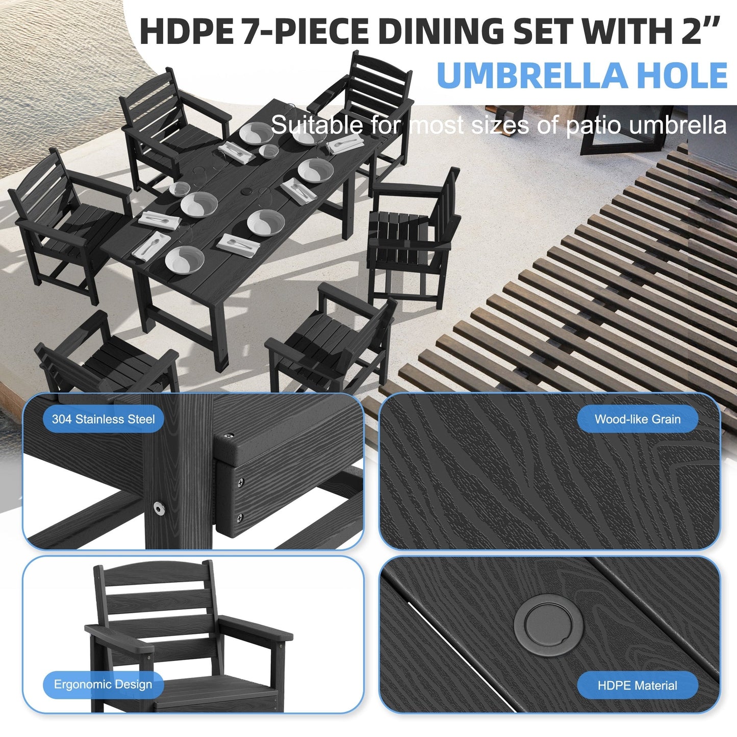 Set da pranzo per esterni in HDPE da 7 pezzi con foro per ombrellone - 1 tavolo e 6 sedie