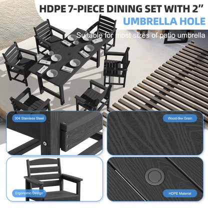Set da pranzo per esterni in HDPE da 7 pezzi con foro per ombrellone - 1 tavolo e 6 sedie