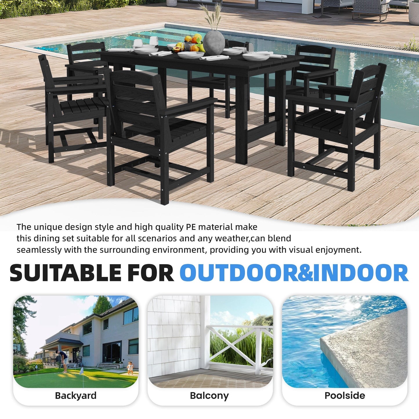 Set da pranzo per esterni in HDPE da 7 pezzi con foro per ombrellone - 1 tavolo e 6 sedie