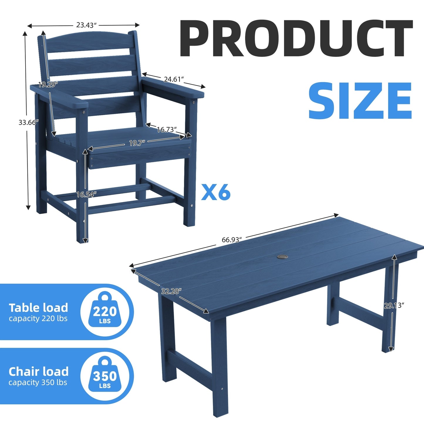 Set da pranzo per esterni in HDPE da 7 pezzi con foro per ombrellone - 1 tavolo e 6 sedie