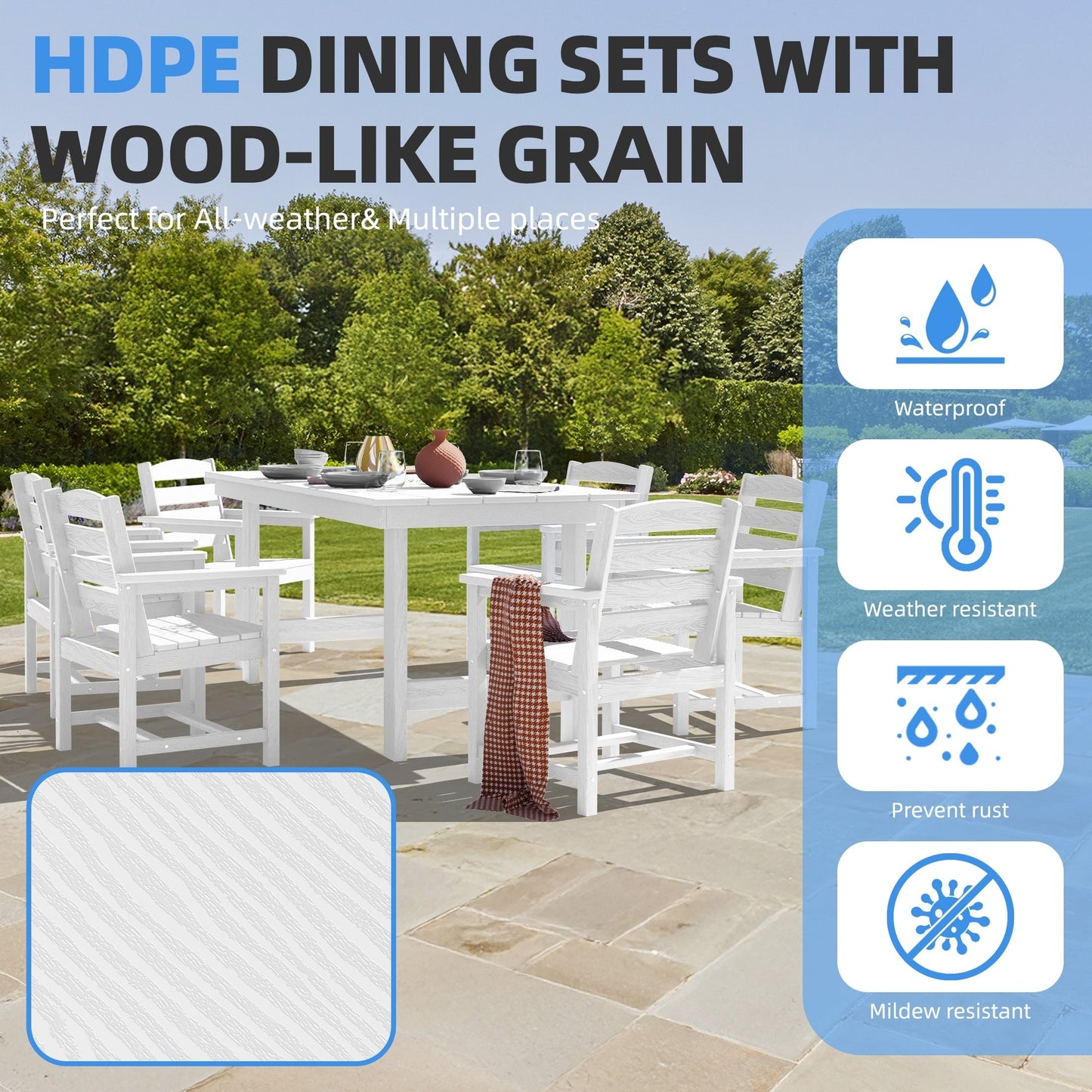 Set da pranzo per esterni in HDPE da 7 pezzi con foro per ombrellone - 1 tavolo e 6 sedie