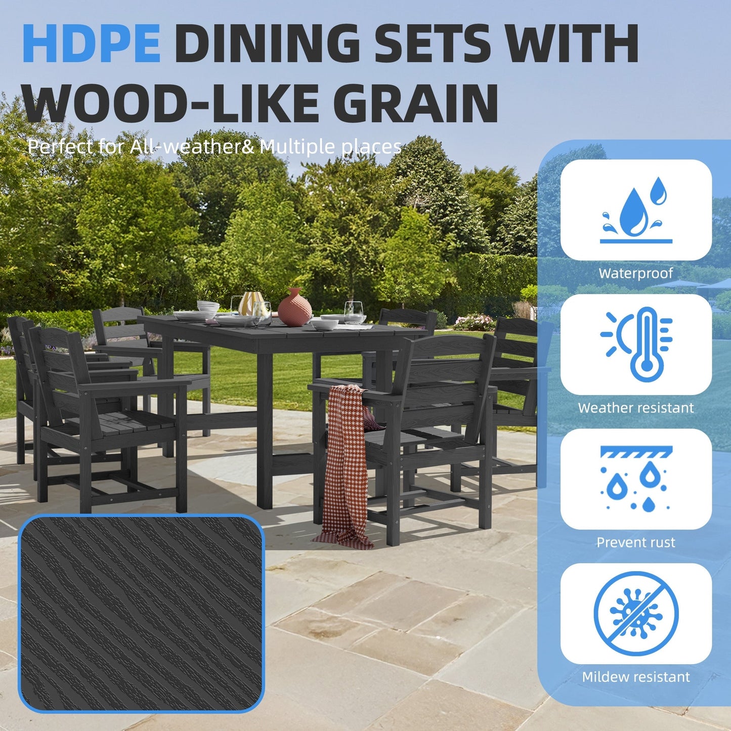 Set da pranzo per esterni in HDPE da 7 pezzi con foro per ombrellone - 1 tavolo e 6 sedie