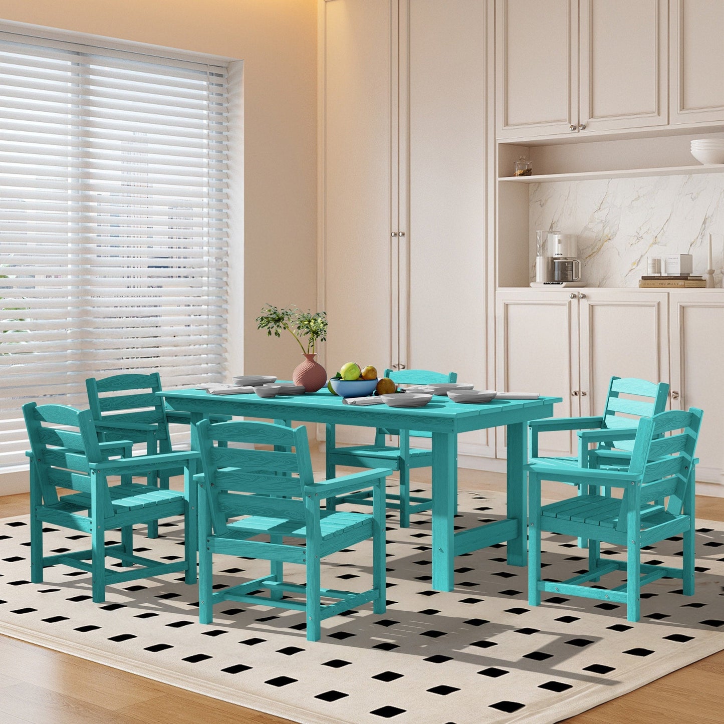 Set da pranzo per esterni in HDPE da 7 pezzi con foro per ombrellone - 1 tavolo e 6 sedie