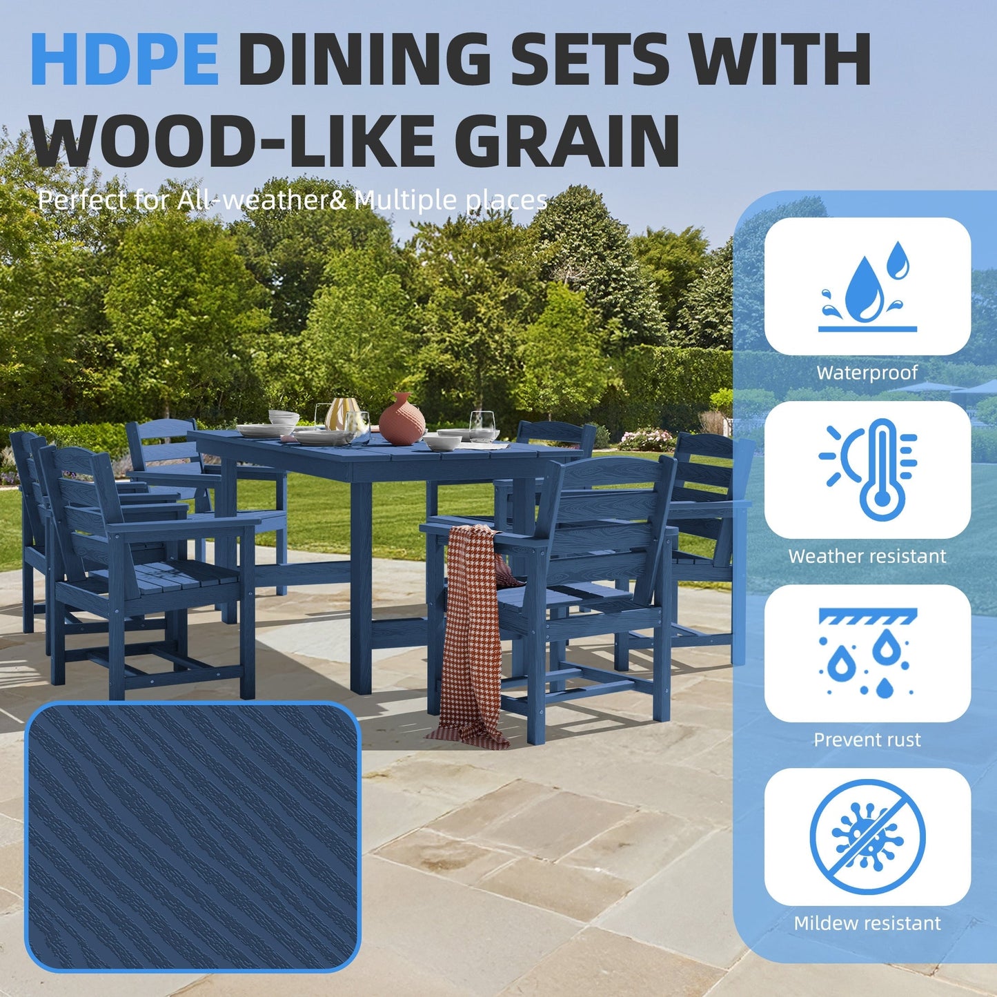 Set da pranzo per esterni in HDPE da 7 pezzi con foro per ombrellone - 1 tavolo e 6 sedie