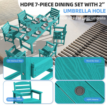 Set da pranzo per esterni in HDPE da 7 pezzi con foro per ombrellone - 1 tavolo e 6 sedie
