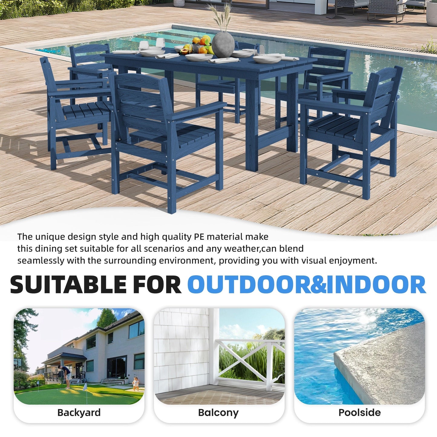 Set da pranzo per esterni in HDPE da 7 pezzi con foro per ombrellone - 1 tavolo e 6 sedie