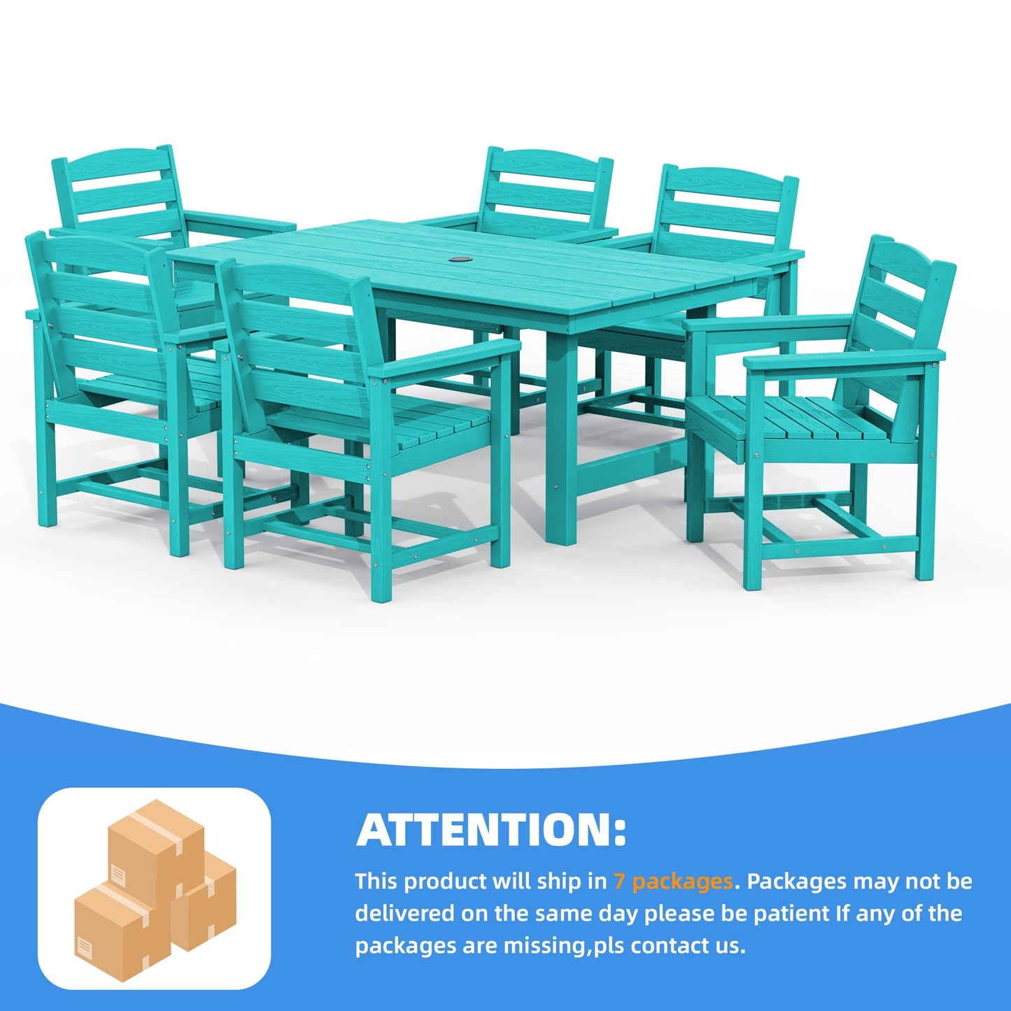 Set da pranzo per esterni in HDPE da 7 pezzi con foro per ombrellone - 1 tavolo e 6 sedie