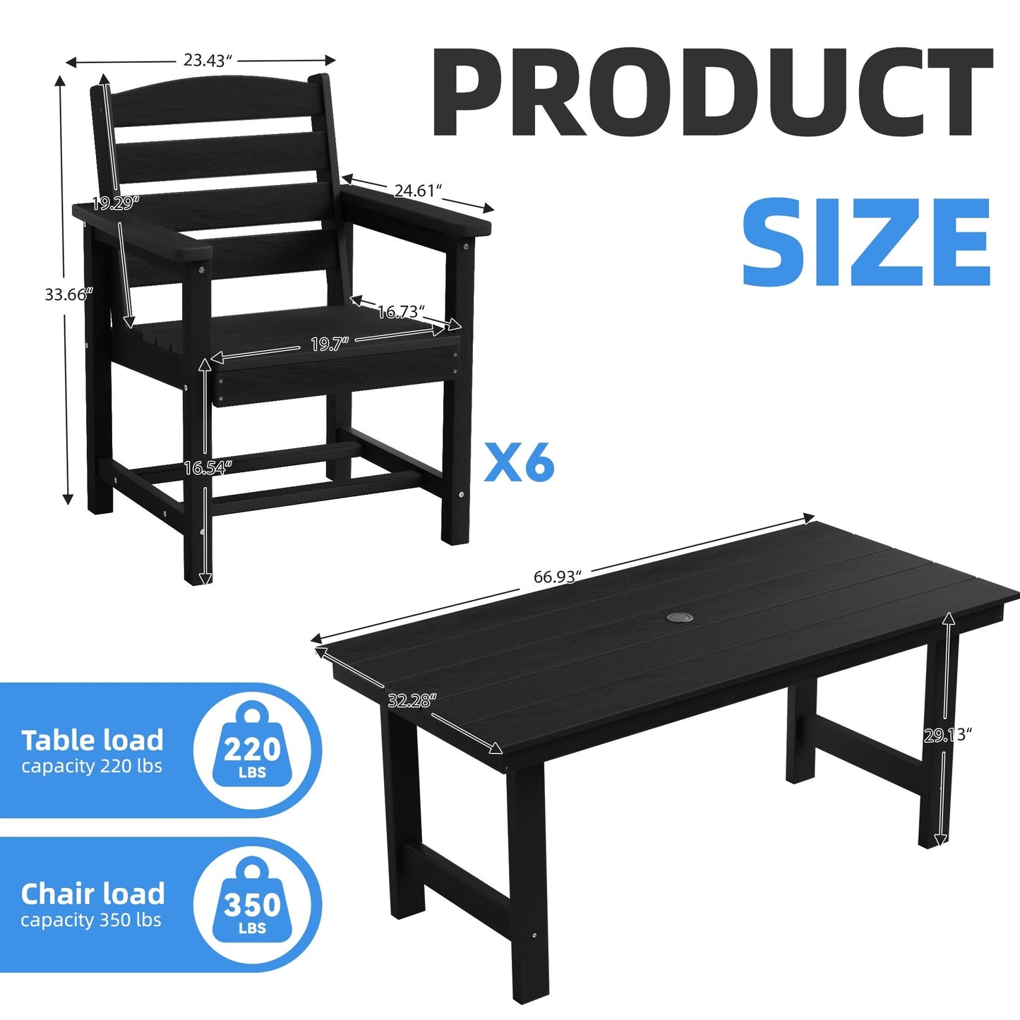 Set da pranzo per esterni in HDPE da 7 pezzi con foro per ombrellone - 1 tavolo e 6 sedie