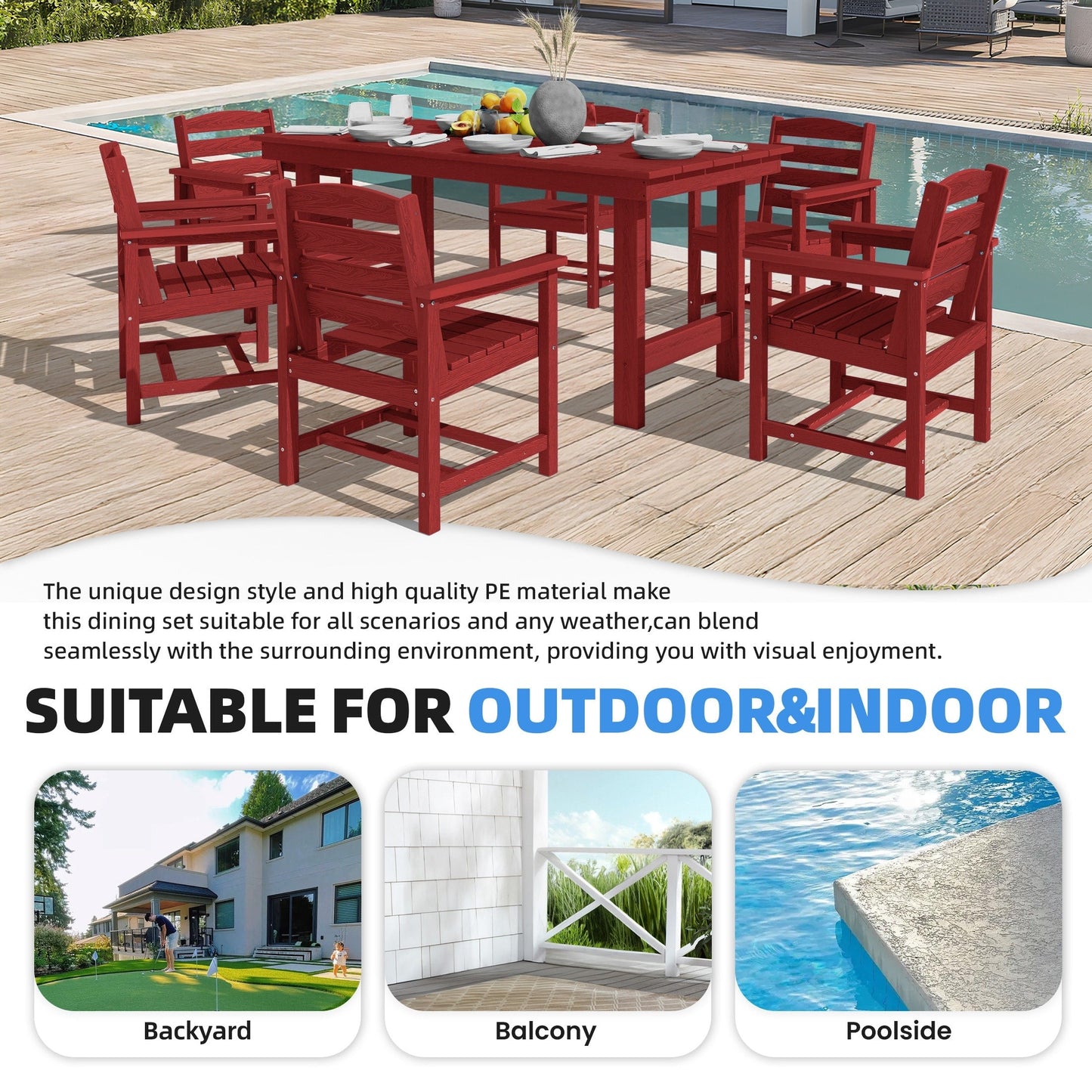 Set da pranzo per esterni in HDPE da 7 pezzi con foro per ombrellone - 1 tavolo e 6 sedie