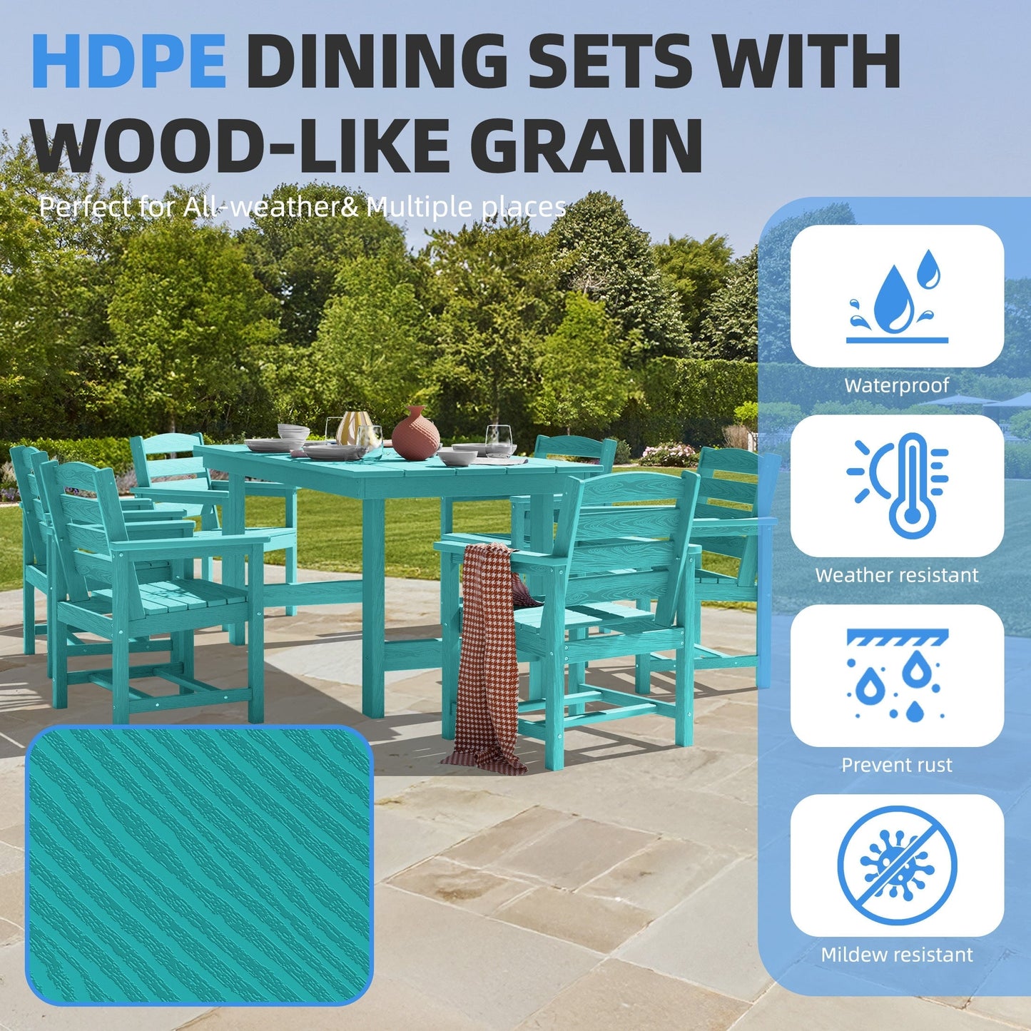 Set da pranzo per esterni in HDPE da 7 pezzi con foro per ombrellone - 1 tavolo e 6 sedie