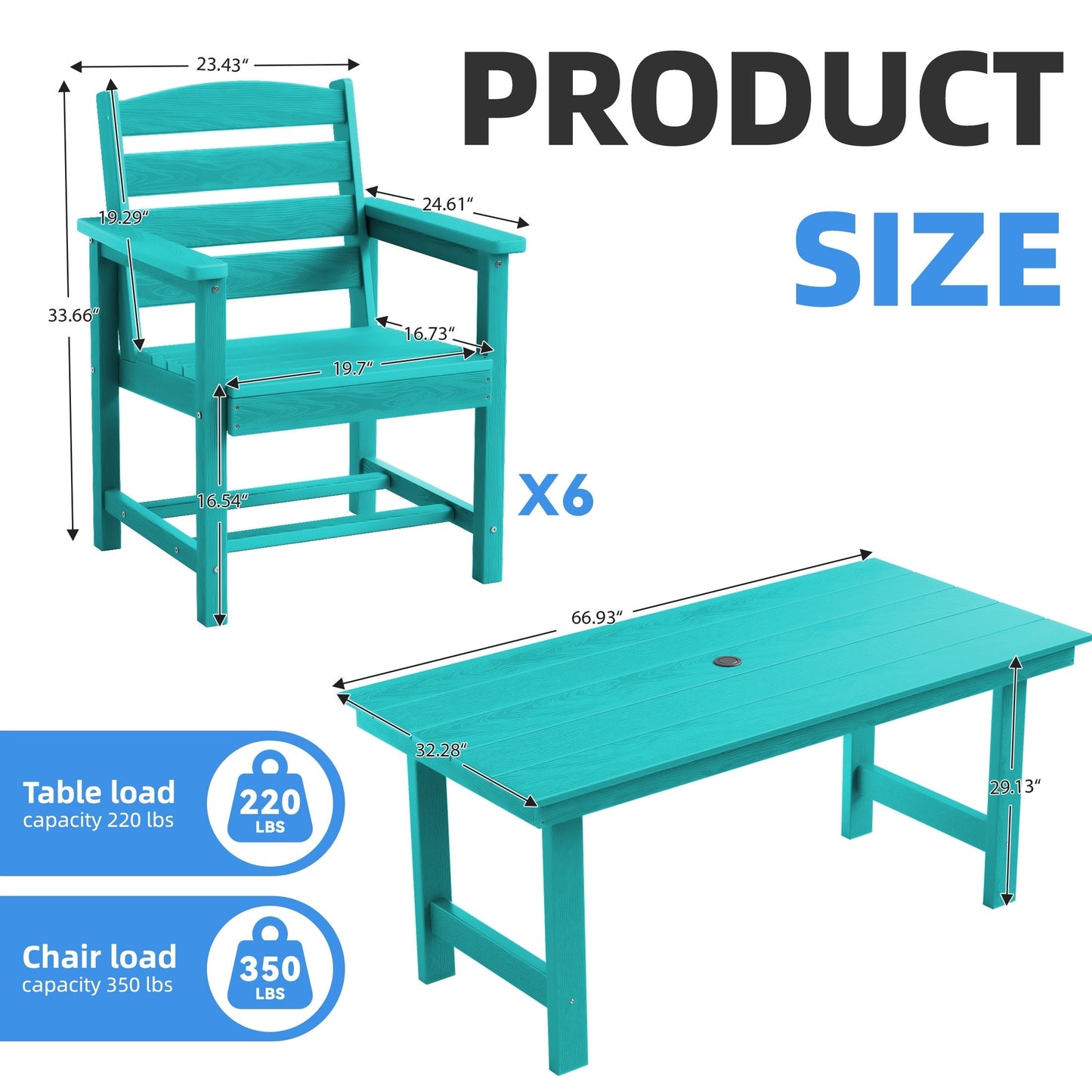 Set da pranzo per esterni in HDPE da 7 pezzi con foro per ombrellone - 1 tavolo e 6 sedie