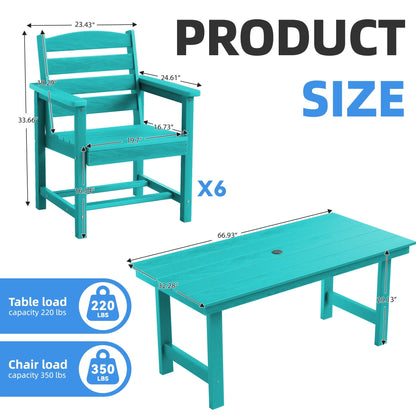 Set da pranzo per esterni in HDPE da 7 pezzi con foro per ombrellone - 1 tavolo e 6 sedie