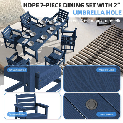 Set da pranzo per esterni in HDPE da 7 pezzi con foro per ombrellone - 1 tavolo e 6 sedie