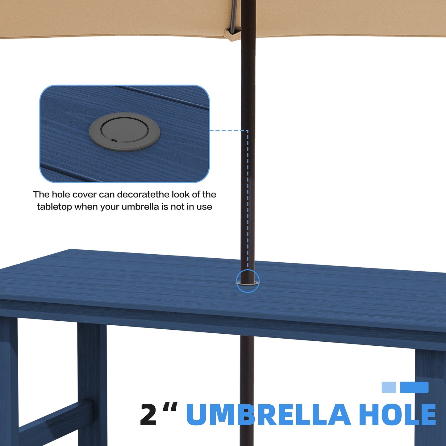 Set da pranzo per esterni in HDPE da 7 pezzi con foro per ombrellone - 1 tavolo e 6 sedie