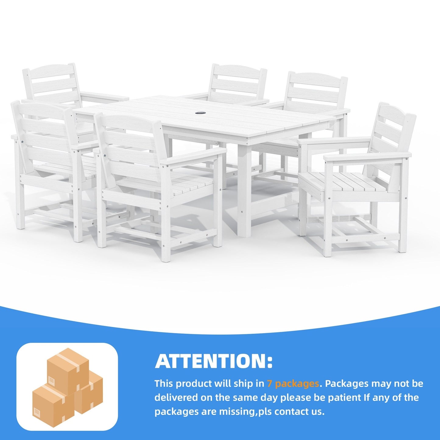 Set da pranzo per esterni in HDPE da 7 pezzi con foro per ombrellone - 1 tavolo e 6 sedie