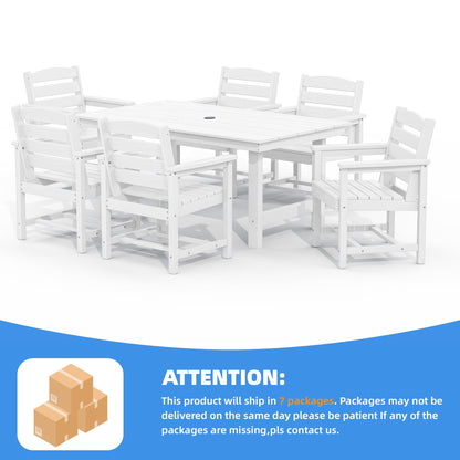 Set da pranzo per esterni in HDPE da 7 pezzi con foro per ombrellone - 1 tavolo e 6 sedie