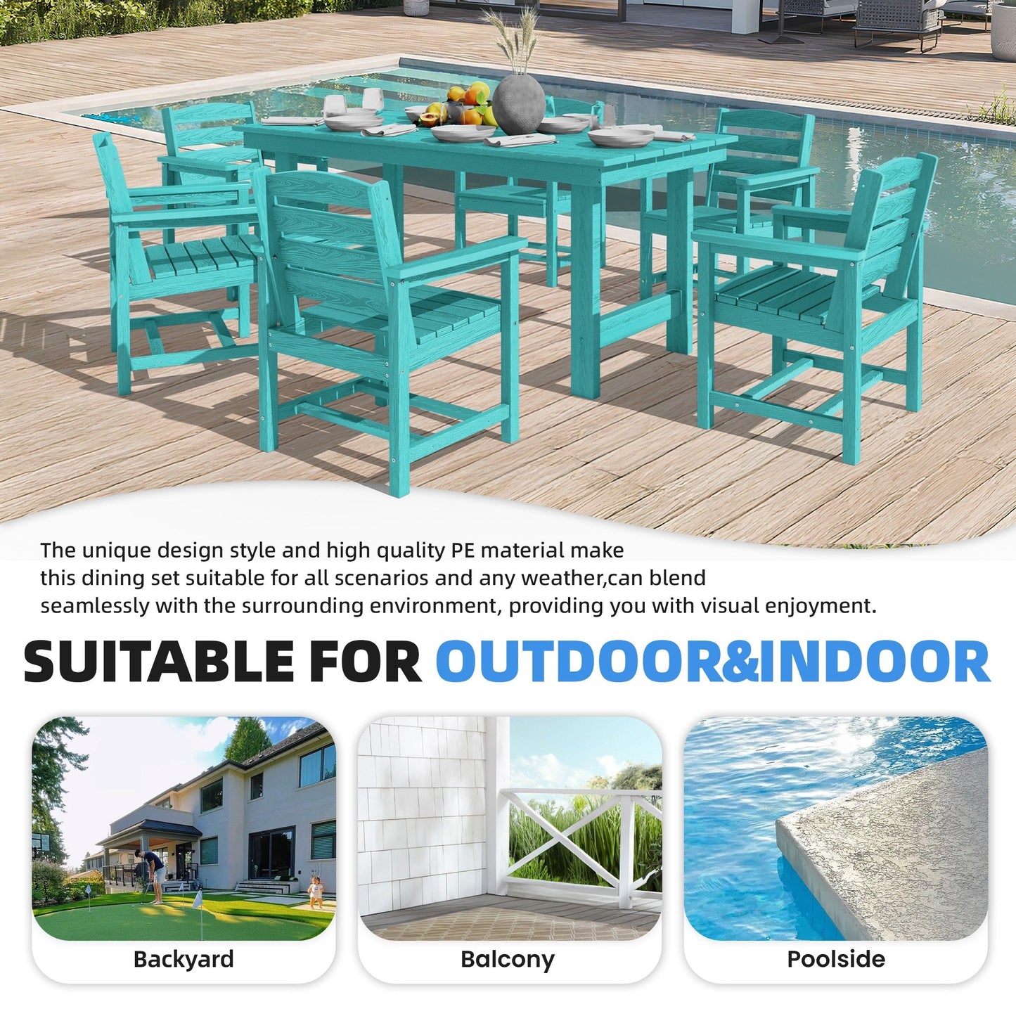 Set da pranzo per esterni in HDPE da 7 pezzi con foro per ombrellone - 1 tavolo e 6 sedie