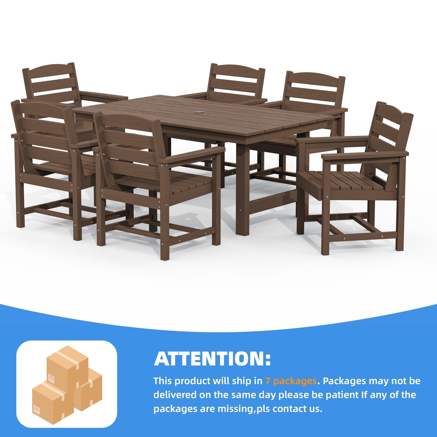 Set da pranzo per esterni in HDPE da 7 pezzi con foro per ombrellone - 1 tavolo e 6 sedie