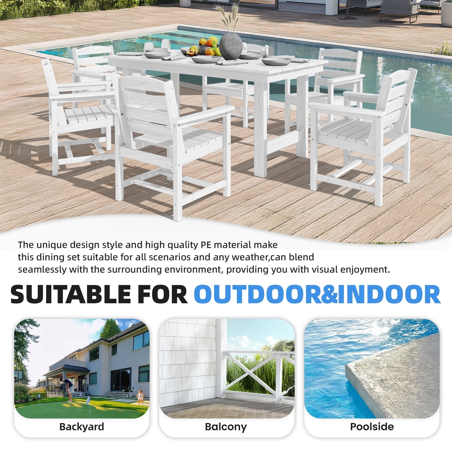 Set da pranzo per esterni in HDPE da 7 pezzi con foro per ombrellone - 1 tavolo e 6 sedie