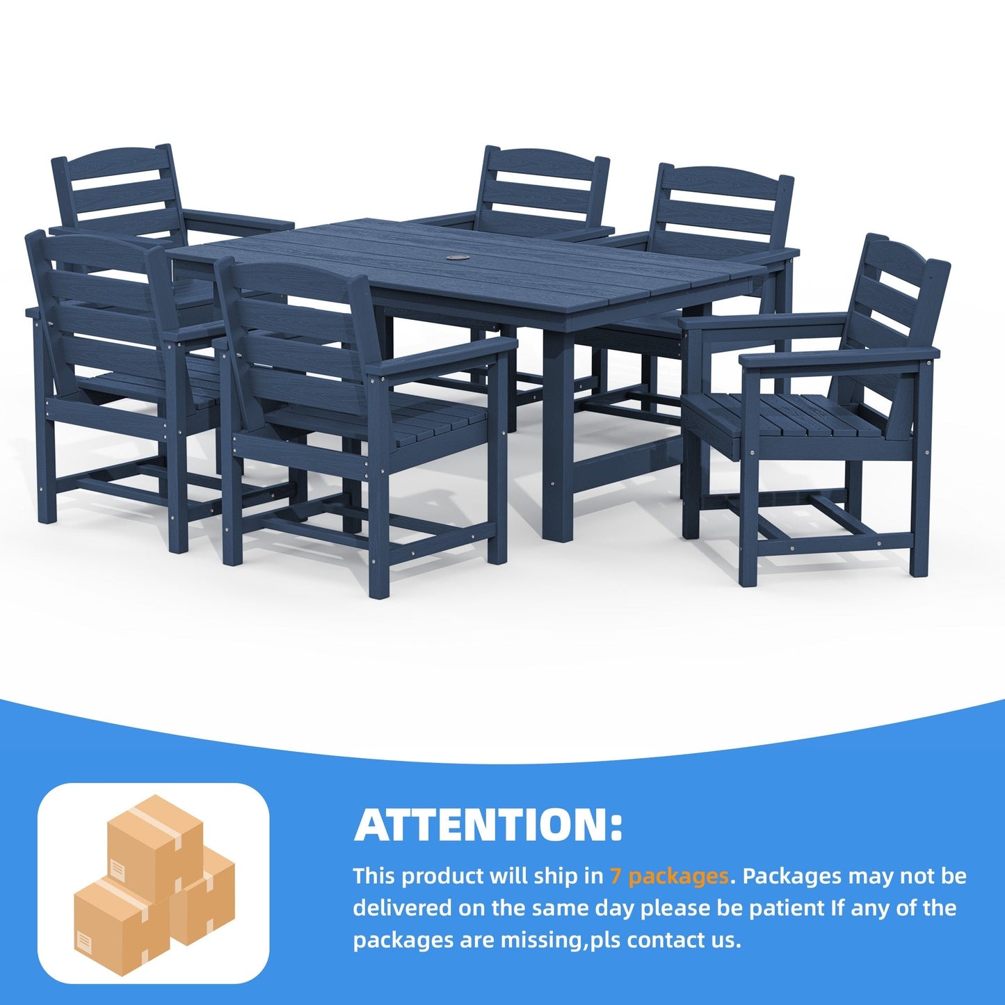 Set da pranzo per esterni in HDPE da 7 pezzi con foro per ombrellone - 1 tavolo e 6 sedie