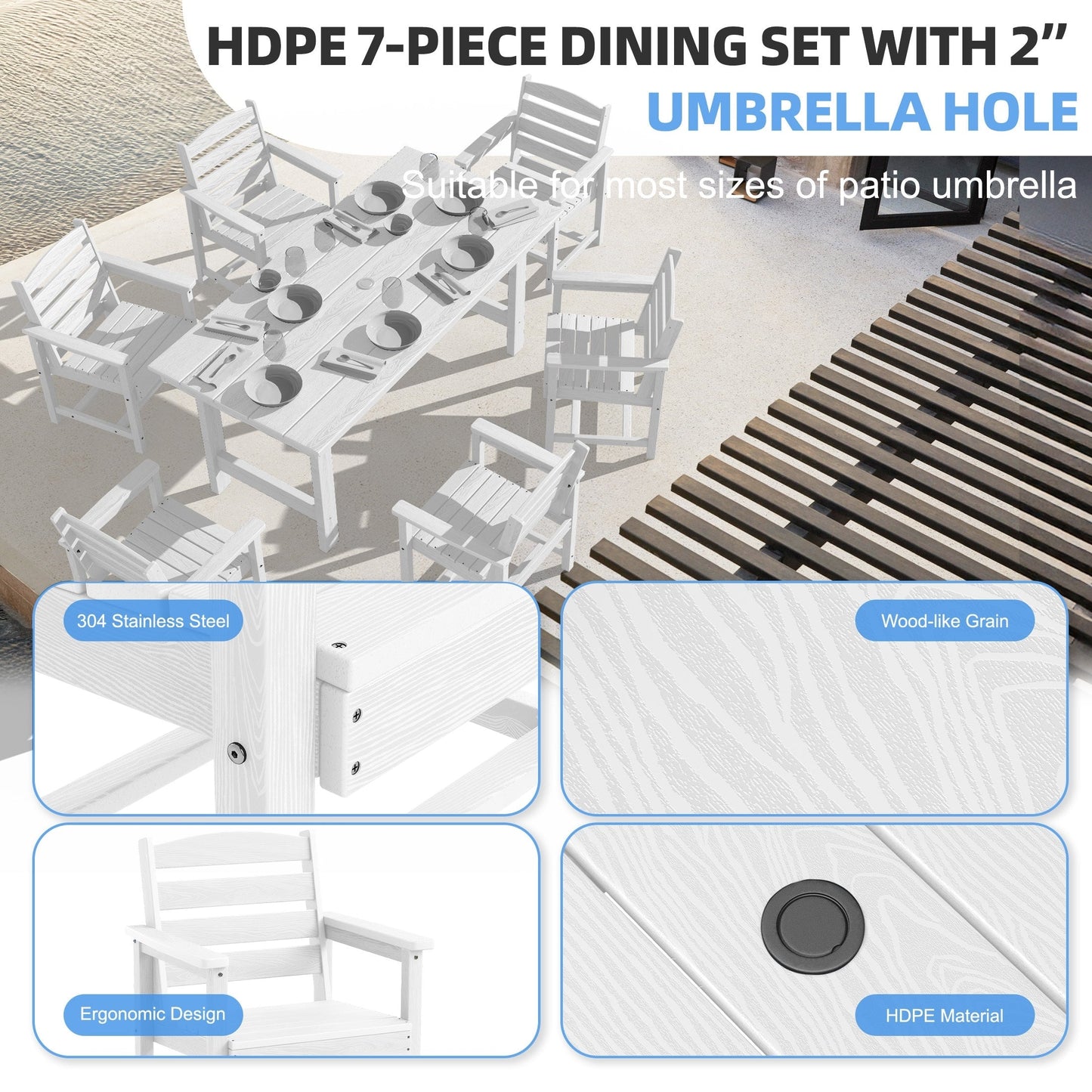 Set da pranzo per esterni in HDPE da 7 pezzi con foro per ombrellone - 1 tavolo e 6 sedie