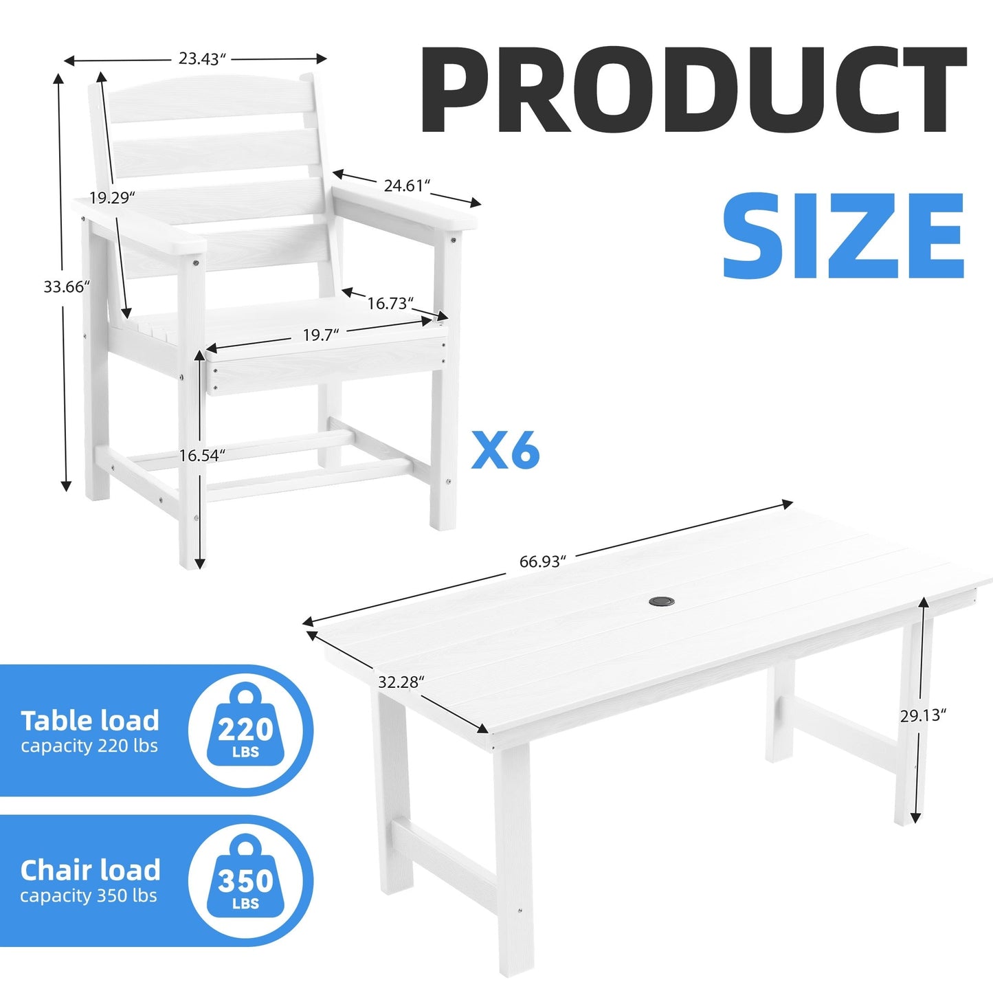 Set da pranzo per esterni in HDPE da 7 pezzi con foro per ombrellone - 1 tavolo e 6 sedie