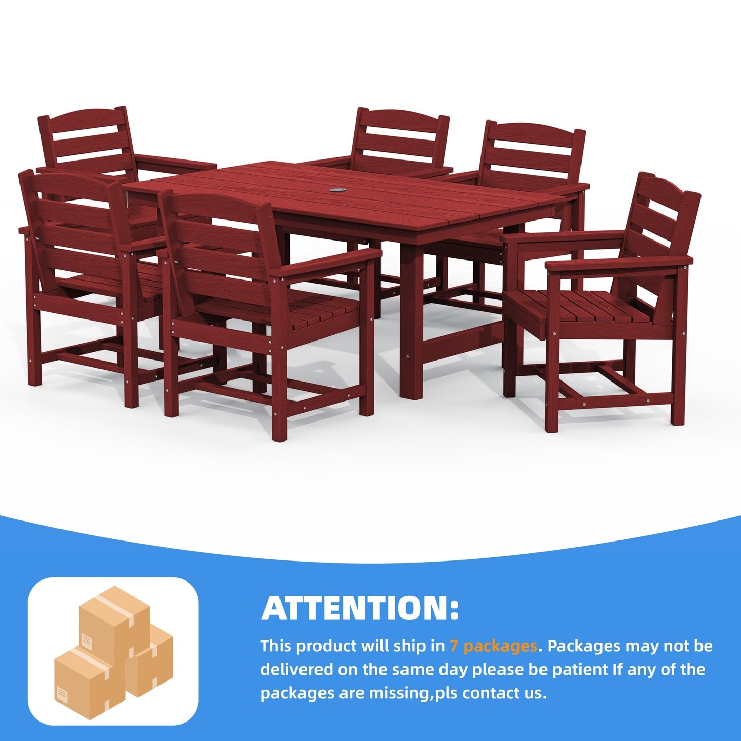 Set da pranzo per esterni in HDPE da 7 pezzi con foro per ombrellone - 1 tavolo e 6 sedie