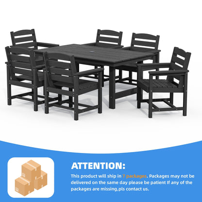 Set da pranzo per esterni in HDPE da 7 pezzi con foro per ombrellone - 1 tavolo e 6 sedie