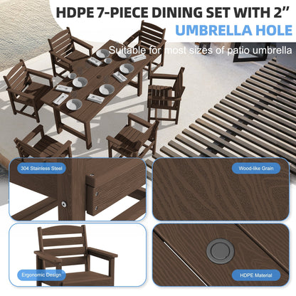 Set da pranzo per esterni in HDPE da 7 pezzi con foro per ombrellone - 1 tavolo e 6 sedie