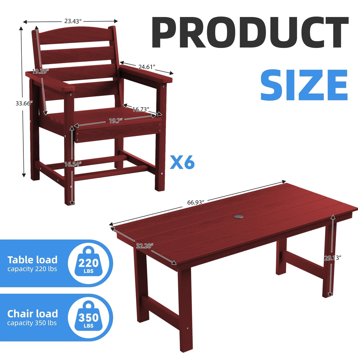 Set da pranzo per esterni in HDPE da 7 pezzi con foro per ombrellone - 1 tavolo e 6 sedie